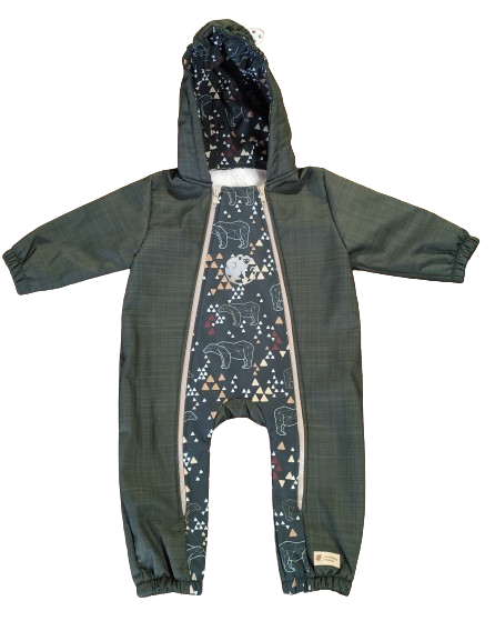 Monkey Mum® Combinaison d’hiver softshell pour enfants avec doublure en mouton - Petit chasseur kaki avec un ours - taille 62/68, 74/80