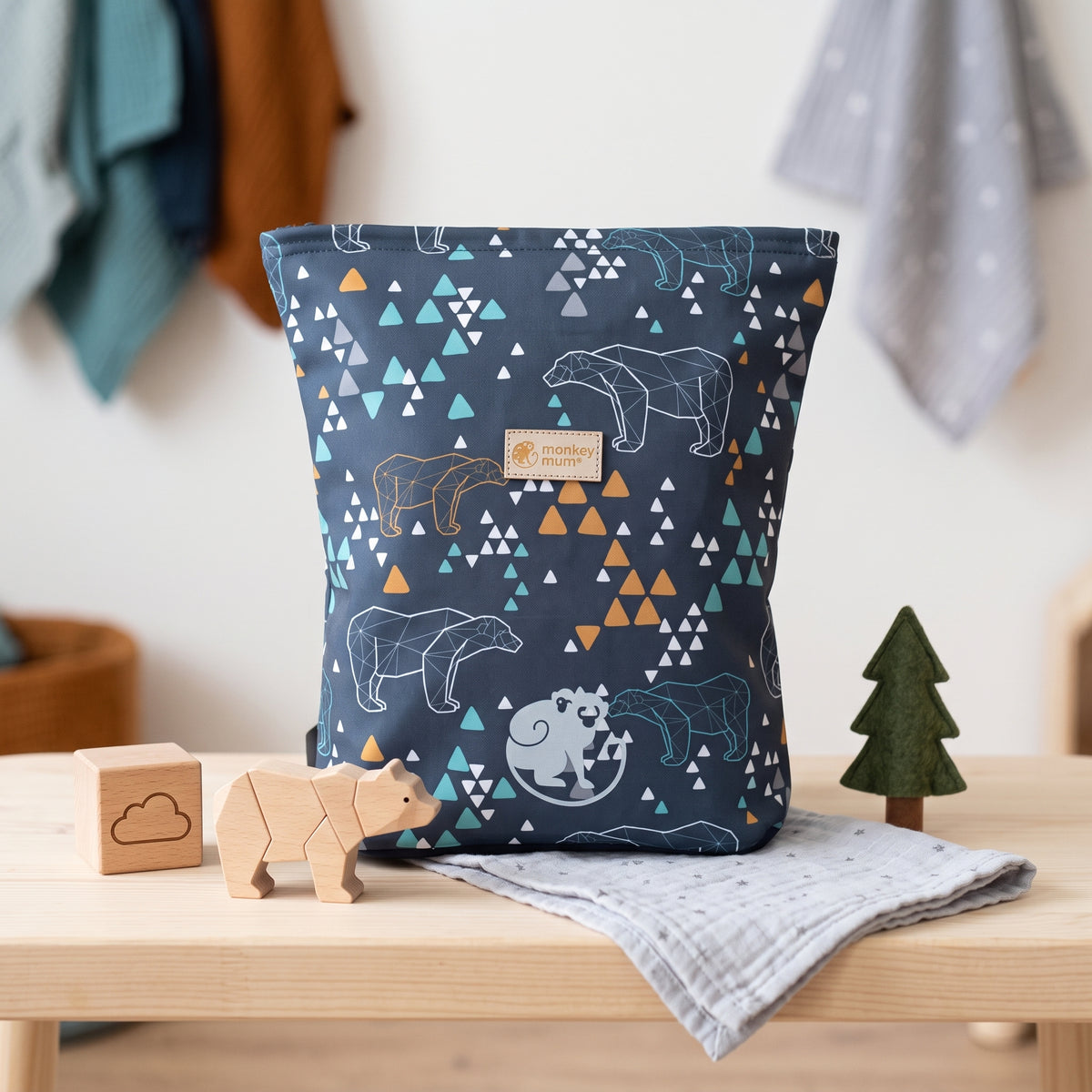 Petit sac à dos softshell pour enfant Monkey Mum® - Ours origami - Bleu foncé