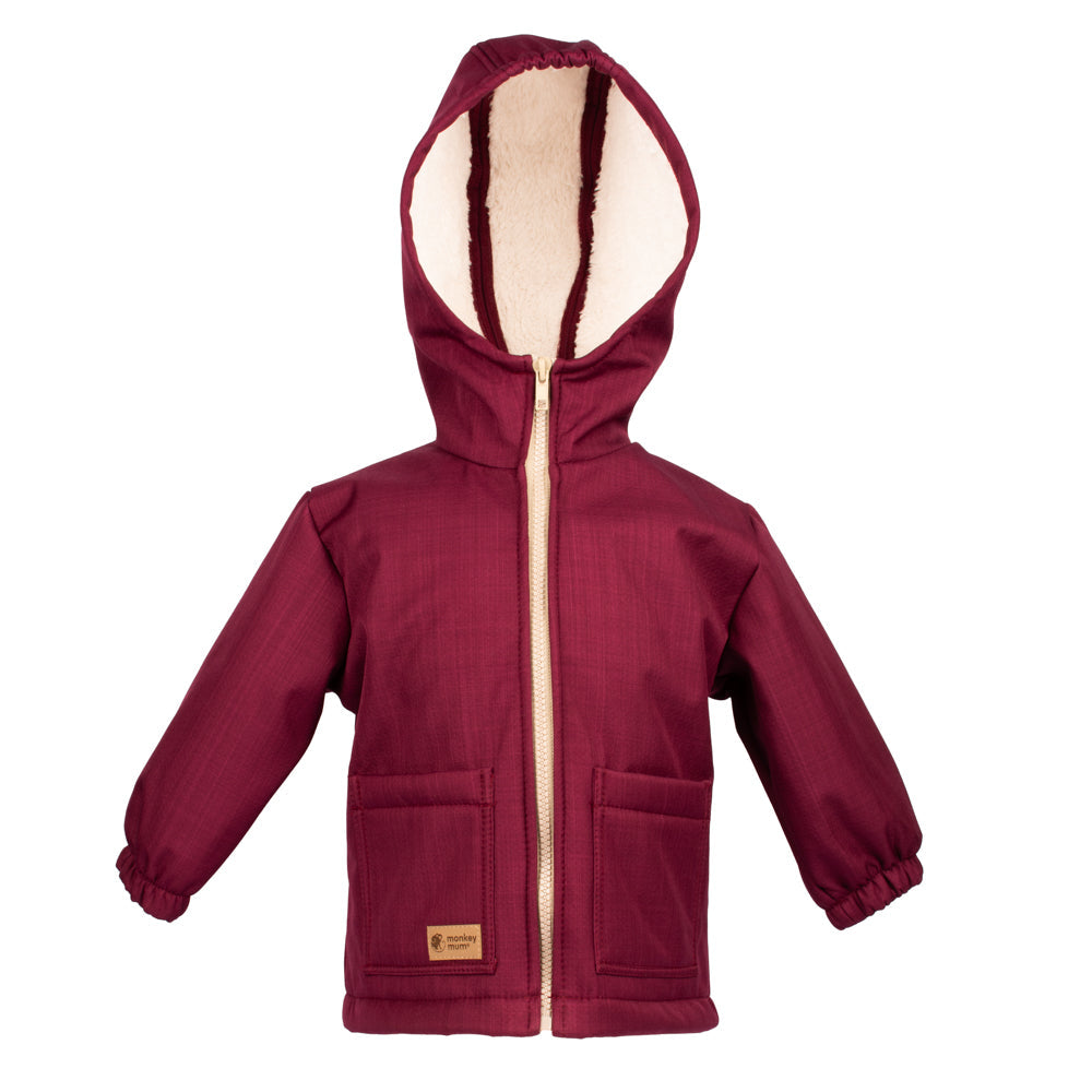 Kinder wintersoftshelljas met schapenvacht Monkey Mum® - Wijnrood kapje