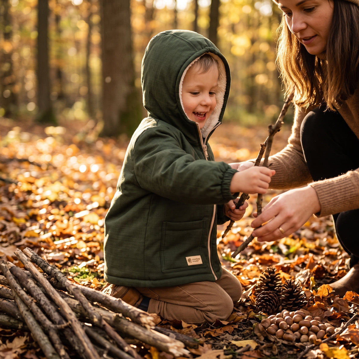 Veste d’hiver softshell enfant avec doublure en mouton Monkey Mum® - Petit chasseur kaki