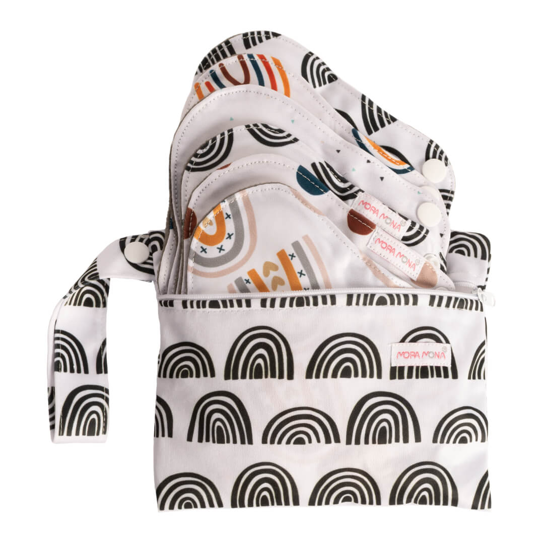 Serviettes menstruelles en tissu à bouton-pression - lot de 6 pcs - Arcs-en-ciel noir et blanc
