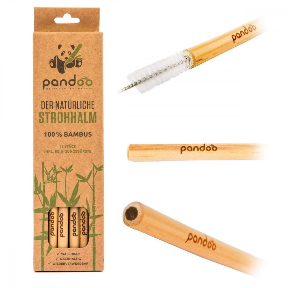 Paille longue en bambou avec brosse de nettoyage, 12 pcs