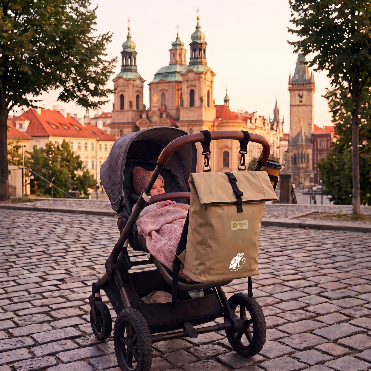Monkey Mum® Twill rugzak voor kinderwagen – Woestijnzand