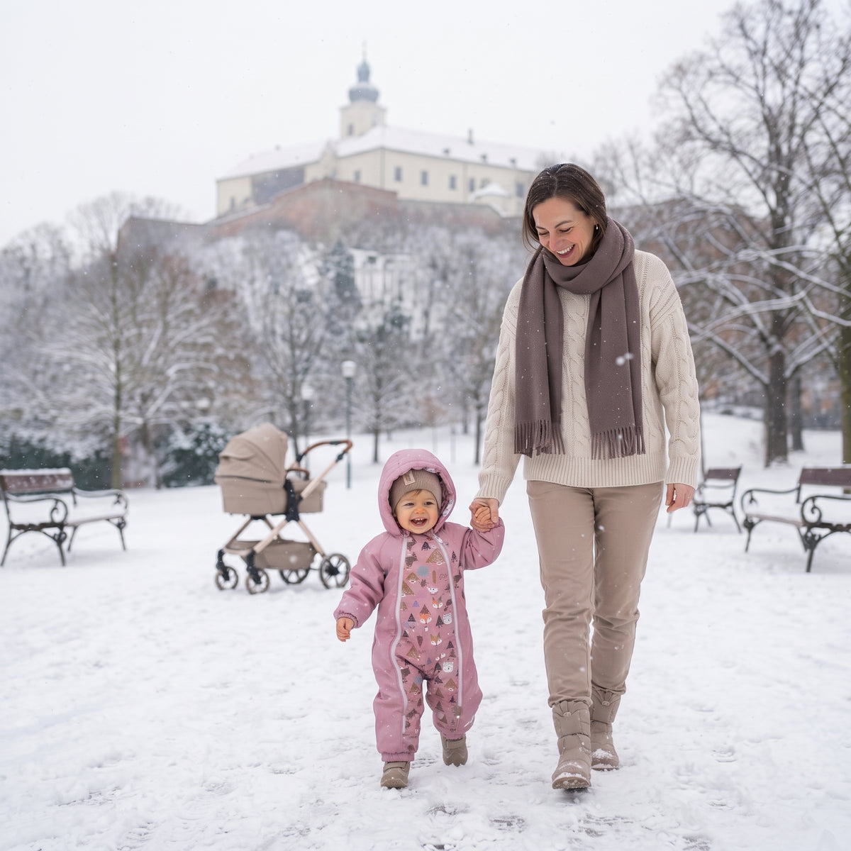 Monkey Mum® Kinder winter-softshelloverall met teddyvoering - Roze schaapje in het bos - maat 62/68, 74/80