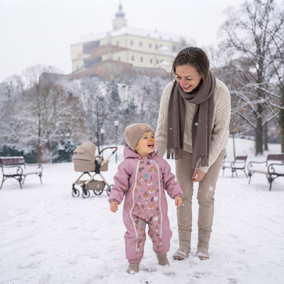 Monkey Mum® Kinder winter-softshelloverall met teddyvoering - Roze schaapje in het bos - maat 62/68, 74/80
