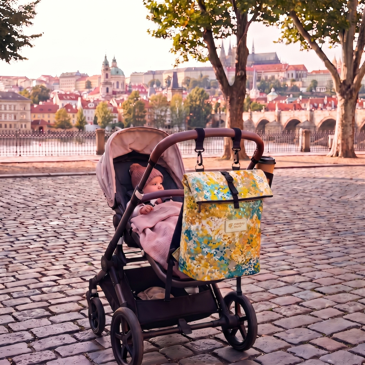 Monkey Mum® Twill rugzak voor kinderwagen – Bloeiende weide