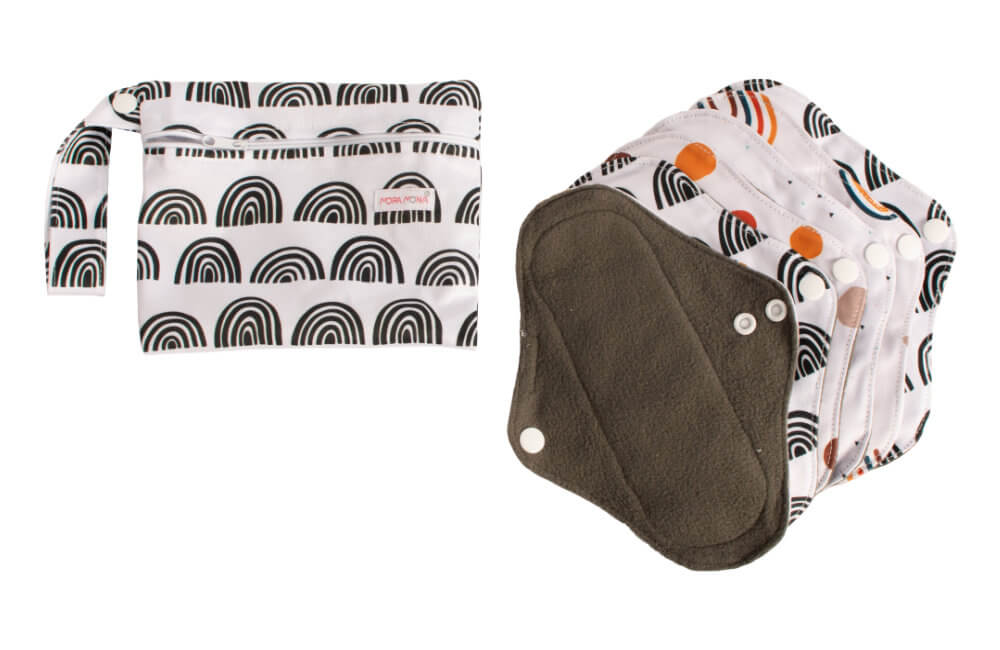 Stoffen menstruatieverbanden met drukknopen - set van 6 stuks - Zwart-witte regenbogen
