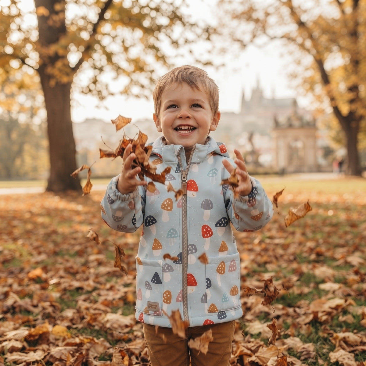 Kinder softshelljas met membraan Monkey Mum® - Veelkleurige vliegenzwammen