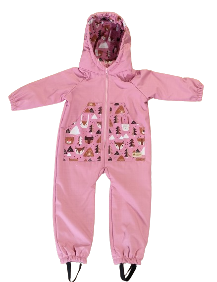 Monkey Mum® Kinder winter-softshelloverall met teddyvoering - Roze schaapje in het bos - maat 98/104, 110/116